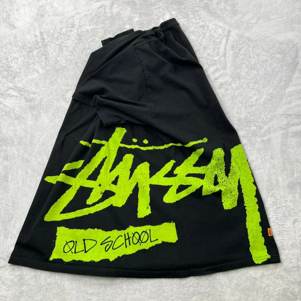 Stussy Old School Graphic T-Shirt Mens XXL Black‎ Neon Green World Tribe Logo